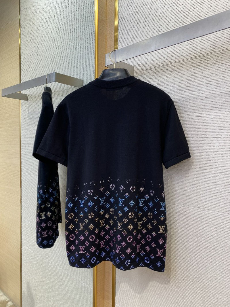 RHINESTONE GRADIENT KNIT T-SHIRT BLACK
