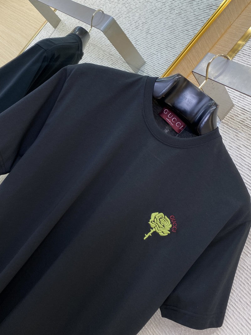 Green Rose 3D Embroidery T-Shirt Black