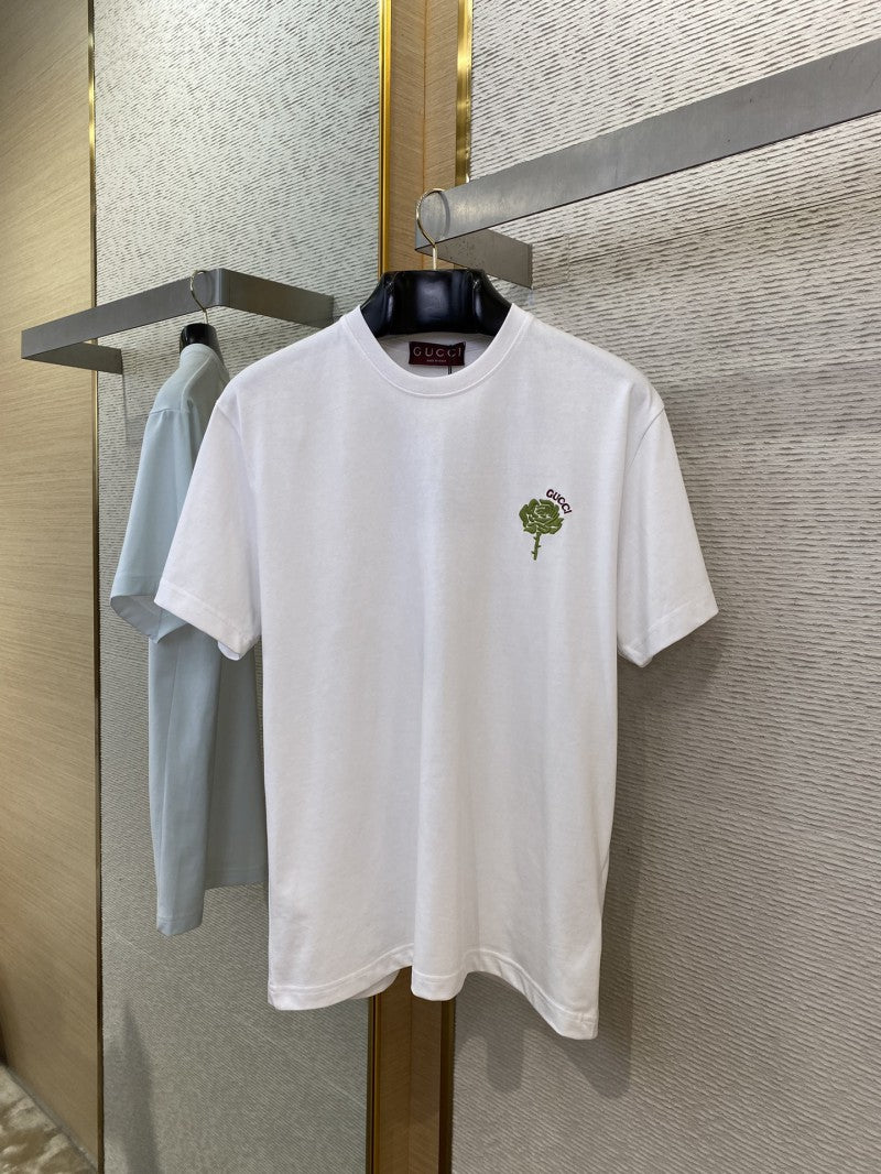 Green Rose 3D Embroidery T-Shirt White