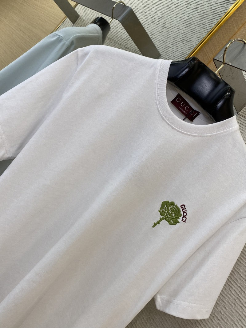 Green Rose 3D Embroidery T-Shirt White