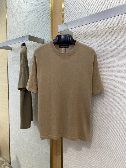 Jacquard Sleeve Knit T-Shirt Brown