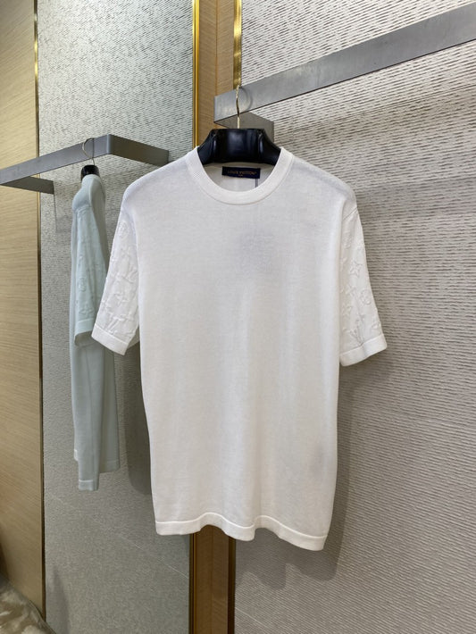 Jacquard Sleeve Knit T-Shirt White