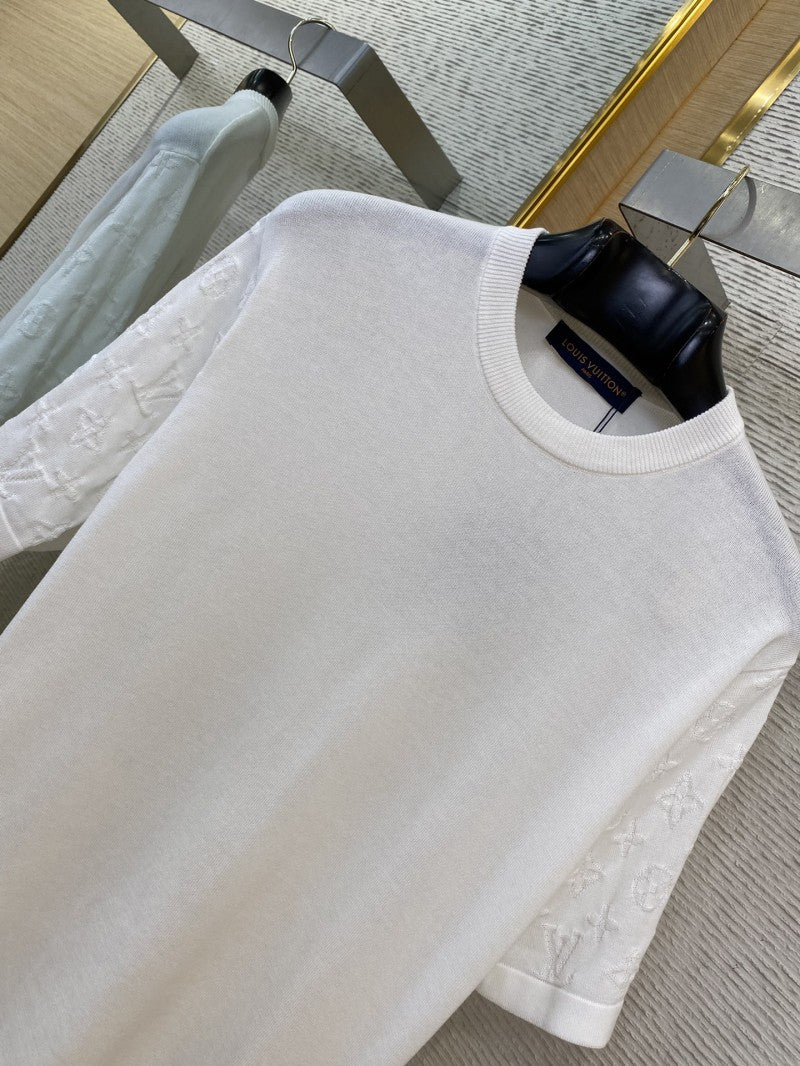 Jacquard Sleeve Knit T-Shirt White