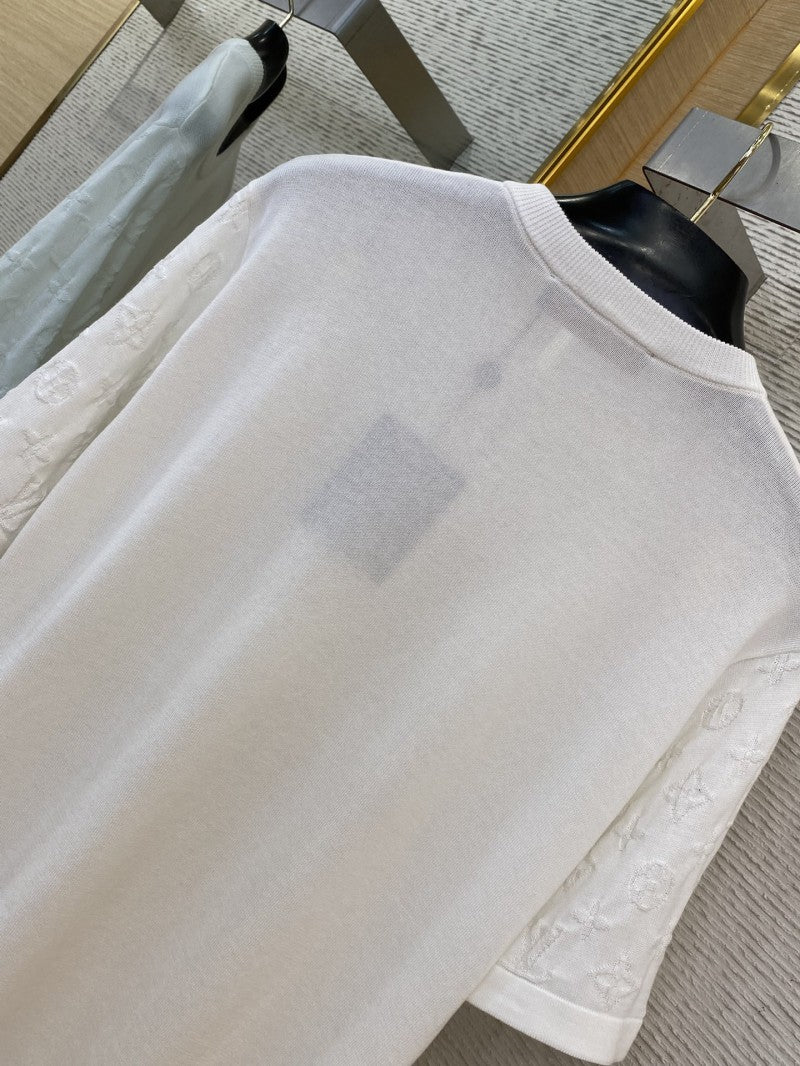 Jacquard Sleeve Knit T-Shirt White