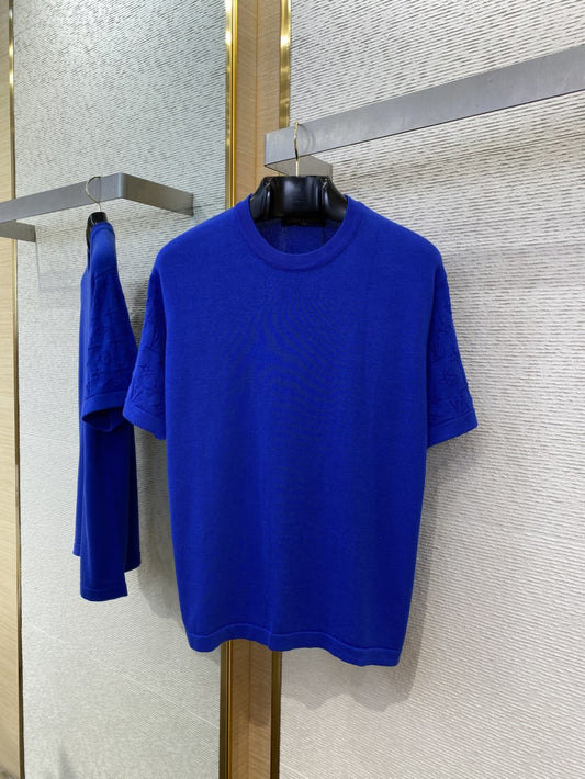 Jacquard Sleeve Knit T-Shirt Blue