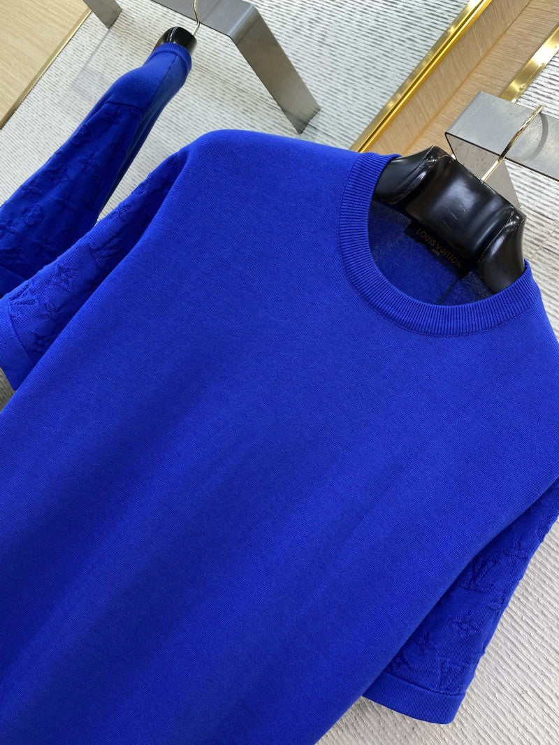 Jacquard Sleeve Knit T-Shirt Blue