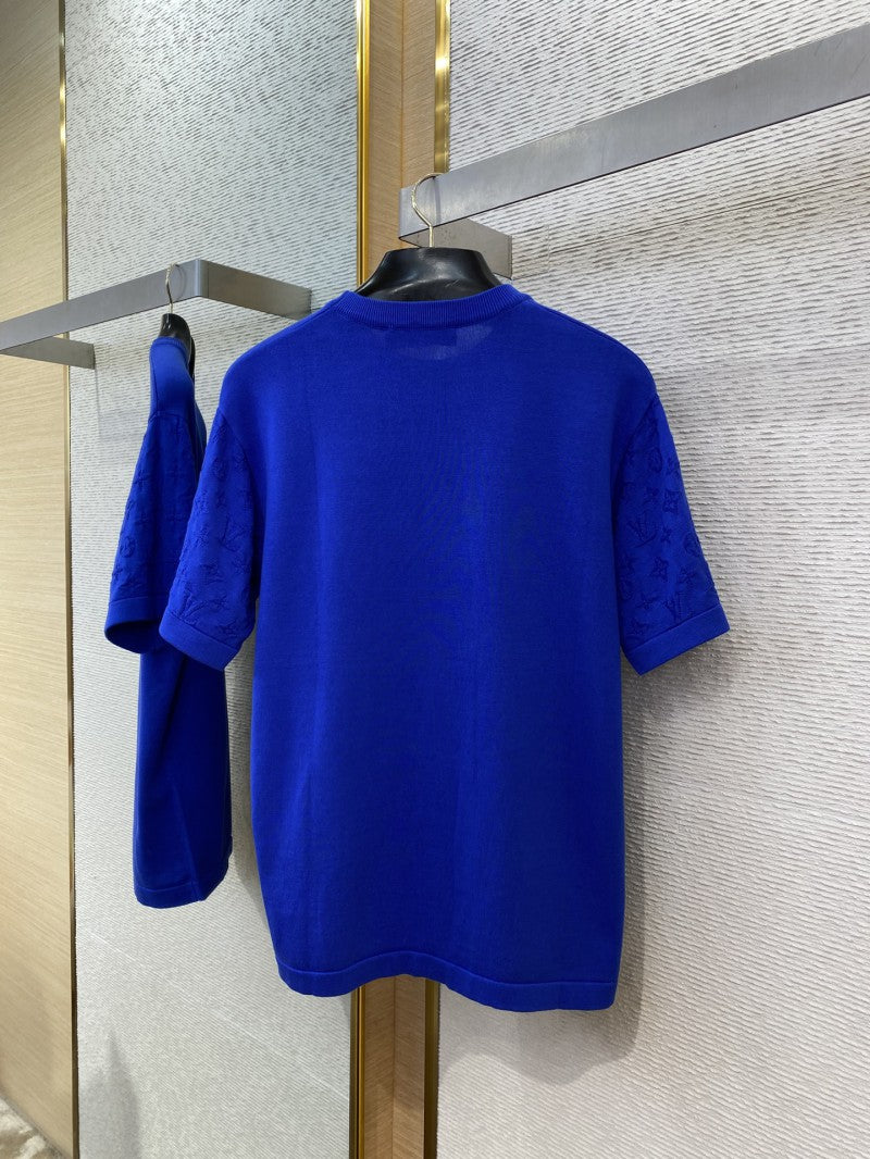 Jacquard Sleeve Knit T-Shirt Blue