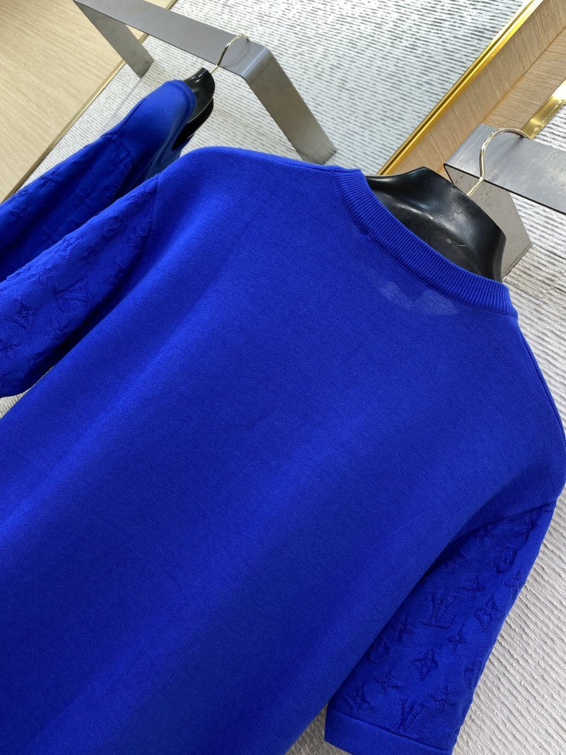 Jacquard Sleeve Knit T-Shirt Blue