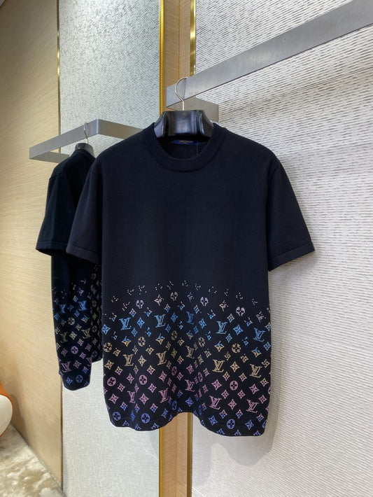 RHINESTONE GRADIENT KNIT T-SHIRT BLACK
