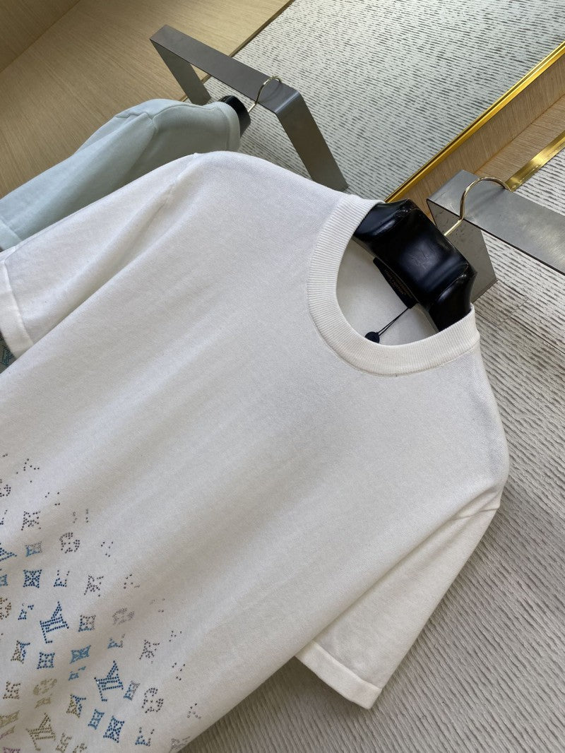 RHINESTONE GRADIENT KNIT T-SHIRT WHITE