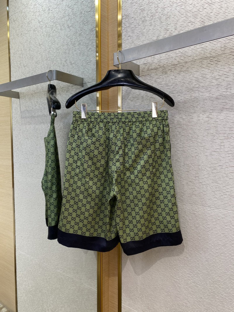 Twin-G Print Silk Shorts Khaki
