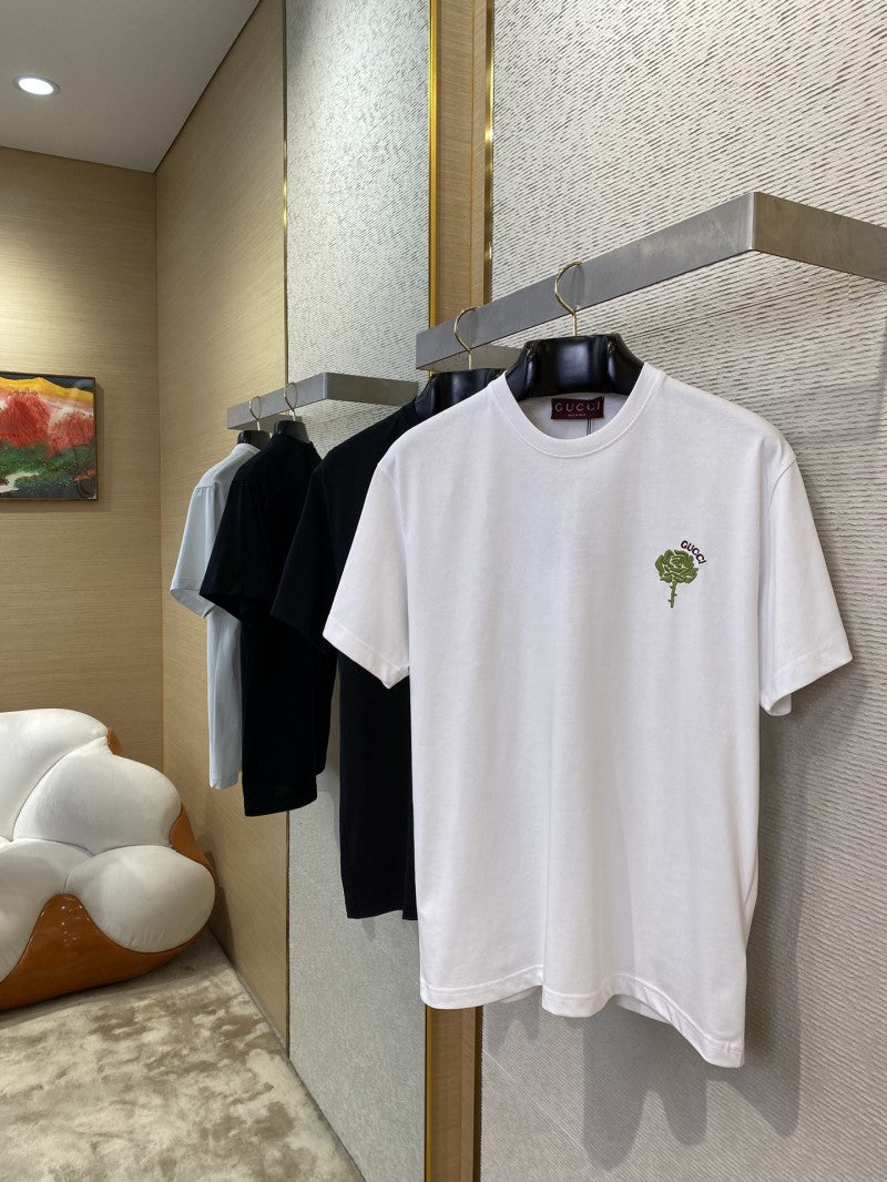 Green Rose 3D Embroidery T-Shirt White