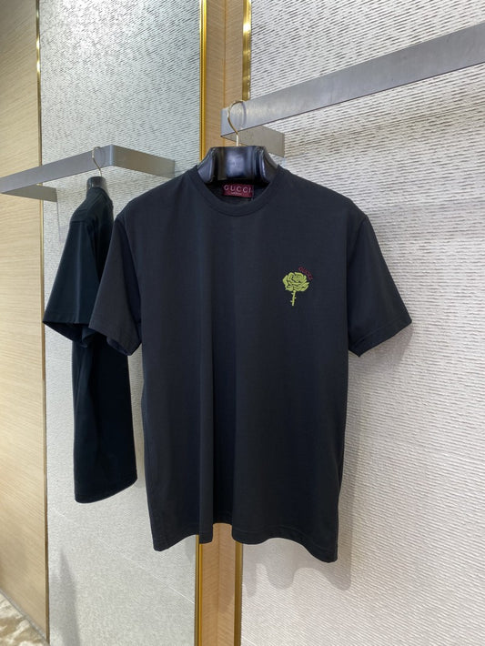 Green Rose 3D Embroidery T-Shirt Black